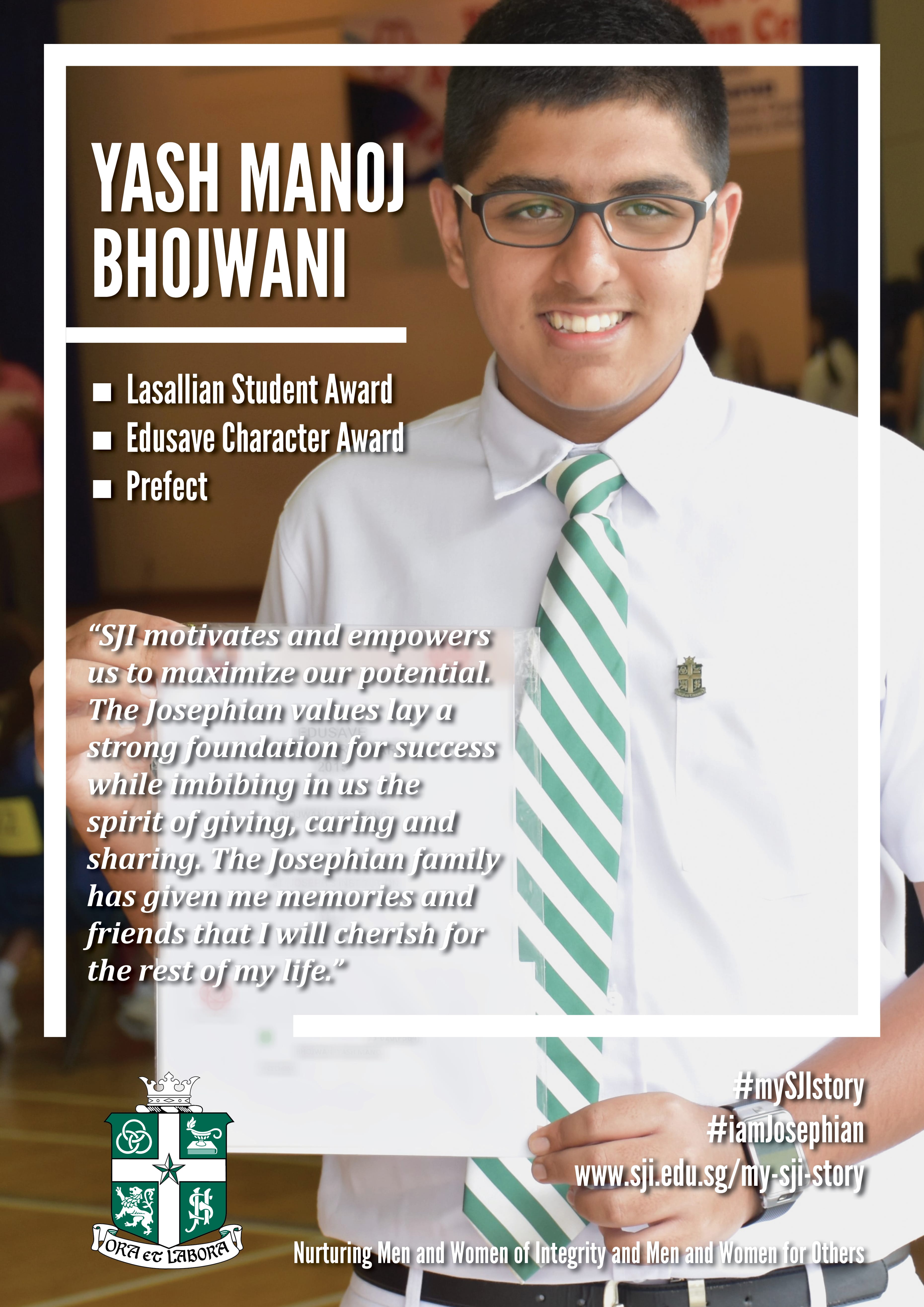Student Yash Manoj Bhojwani smiling in a white shirt and green striped tie, with award and quote text overlay.